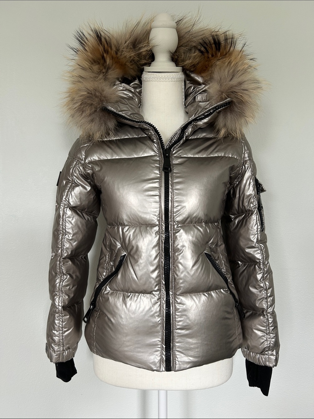 SAM. Metallic Silver Puffer Jacket with Fur-Trim Hood